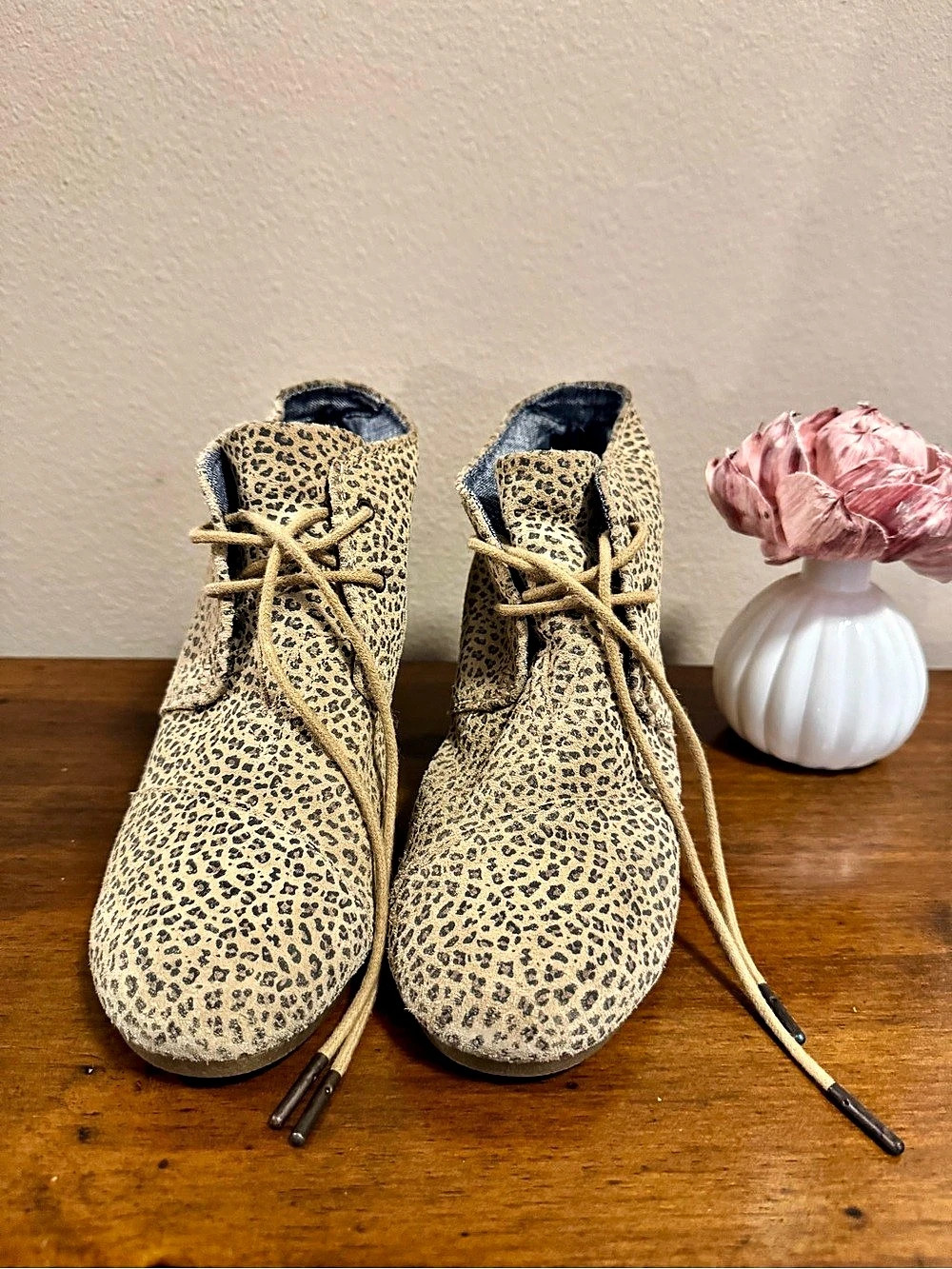TOMS Desert Wedge Booties Leopard Print in Tan & Black